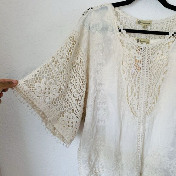 NWT Democracy Blouse Beige S Embroidered Open Crochet Lace Peasant Boho Cottage - Picture 4 of 10